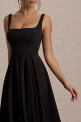 Parina | Black Strappy Volume-Hem Midi Dress