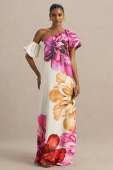 Anastasia | Large Multi-Floral Print Asymmetric-Neck Maxi Dress