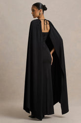 Wren | Black Satin Plunge-Neck Maxi Dress With Cape Sleeves