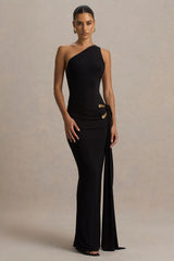 Bonnie | Black Asymmetric-Neck Maxi Dress With Open-Back