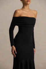 Everlasting | Black Bardot-Neck Maxi Dress With Pleated Detailing