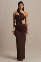 Serefine | Brown Asymmetric-Neck Maxi Dress With Body Cut-Out