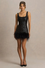 Rosalinda | Black Sequin Square-Neck Mini Dress With Feather Trim