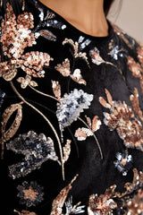 Lyric | Black Floral Velvet And Sequin Embellished Crew-Neck Maxi Dress