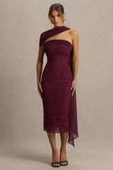 Secret | Burgundy Bandeau Lace Midi Dress With Scarf Detail