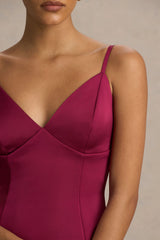 Elara | Burgundy Satin Plunge-Neck Mini Dress