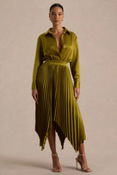 Naxos | Olive Satin Shirt Maxi Dress With Pleated Skirt
