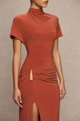 Arlena | Rust High-Neck Wrapped Maxi Dress