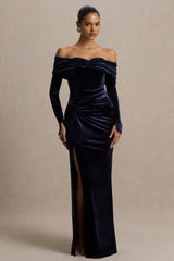 Countess | Navy Velvet Bardot-Neck Wrapped Maxi Dress With Front-High Split
