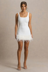 Rosalinda | White Sequin Square-Neck Mini Dress With Feather Trim