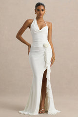 Lucena | White Cowl-Neck Maxi Dress With Corsage Detail And Front High Split
