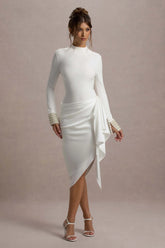 Luanna | Ecru Satin Long-Sleeve Midi Dress With Draped Skirt And Embellished Cuffs