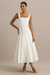 Magnolia | White Scoop-Neck Midi Dress With Drop-Waist And Ruffling Detail