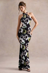 Tuscany | Black Floral Print Halter-Neck Split Maxi Dress