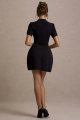 Carabella | Black High-Neck Short-Sleeve Mini Dress