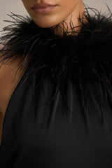Jemima | Black Satin Halter-Neck Maxi Dress With Feather Trim