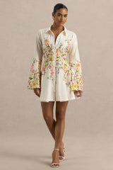 Alma | White Floral Border Print Shirt Mini Dress With Fluted Sleeves