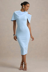 Dorothea | Blue Draped Midi Dress With Cape