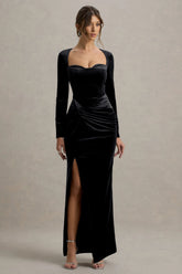 Fay | Black Velvet Corset Style Knot Maxi Dress