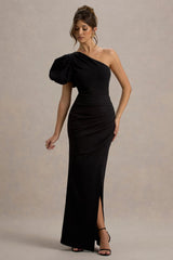 Vittoria | Black Asymmetric Puff-Sleeve Split Maxi Dress