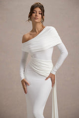Valina | White Ruched Asymmetric Maxi Dress With Drape