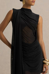 Riad | Black Chiffon Mini Dress With Sheer Bodice Two-Sleeve Cape