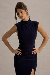 Lanetta | Navy Ruched High-Neck Maxi Dress With Split