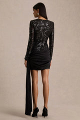 Florecita | Black Embellished Lace Crew-Neck Mini Dress With Sash Detail
