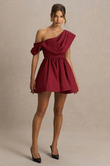 Verona | Burgundy Draped Asymmetric-Neck Skater Mini Dress