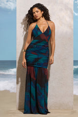 Clio | Blue Print Halter-Neck Chiffon Maxi Dress