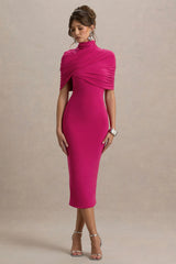 Cecille | Hot Pink Midi Dress With Cape Sleeve Detail