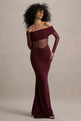 Ismeralda | Burgundy Mesh Ruched Bardot Maxi Dress