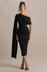 Leah | Black Asymmetric-Neck Midi Dress With Cape-Sleeve