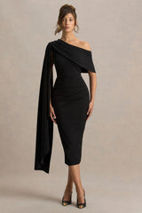 Leah | Black Asymmetric-Neck Midi Dress With Cape-Sleeve