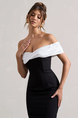 Pearl | Black Twisted Bardot Tailored Midi Dress