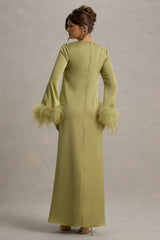 Adella | Light Green Satin Feather-Trim Maxi Dress