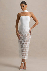 Tamala | White High-Neck Midi Dress With Lace Skirt