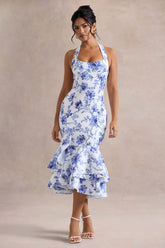Arla | Blue Floral Halter-Neck Ruffle Trim Midi Dress