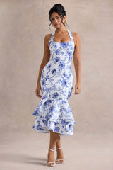 Arla | Blue Floral Halter-Neck Ruffle Trim Midi Dress