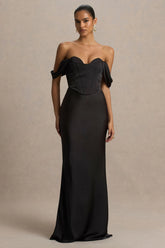 Perenna | Black Satin Sweetheart-Neck Maxi Dress With Draped-Sleeves