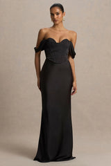 Perenna | Black Satin Sweetheart-Neck Maxi Dress With Draped-Sleeves
