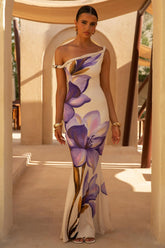 Exotic | Purple Placement Floral Asymmetric Maxi Dress