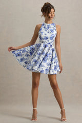Waverly | Blue Floral Racer-Neck Sleeveless Skater Mini Dress