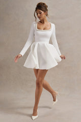 Wilder | White Embellished Square-Neck Long-Sleeve Skater Mini Dress