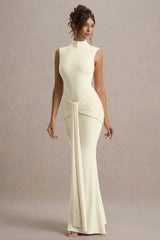 Graziana | Pale Lemon High-Neck Gathered Draped Maxi Dress