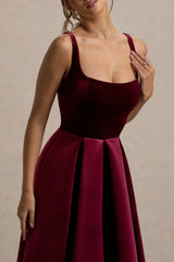 Francisca | Berry Velvet Strappy Volume-Hem Midi Dress