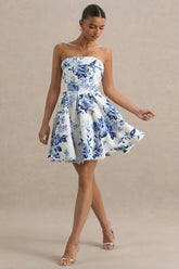 Fiorenza | Blue Porcelain Print Bandeau Mini Dress With Volume Skirt