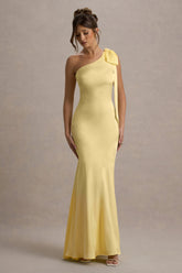 Here For Love | Pale Lemon Satin Asymmetric Maxi Dress With Bow