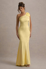 Here For Love | Pale Lemon Satin Asymmetric Maxi Dress With Bow