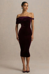 Billie | Burgundy Velvet Bardot-Neck Midi Dress With Twist-Sleeve